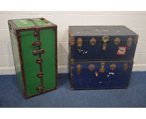 A VINTAGE METAL BOUND WARDROBE TRUNK, with a green field, length 104cm x depth 53cm x height 52cm (locked, no key) along with