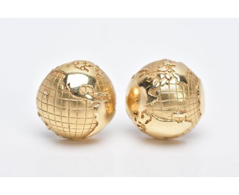 A PAIR OF YELLOW METAL EARRINGS, each of a circular half globe design with post and clip fittings stamped '14k', approximate 