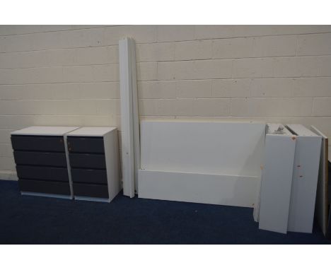 A MODERN WHITE FINISH 5FT BED FRAME, with four roller drawers (two drawers dismantled) along with a white and grey chest of f