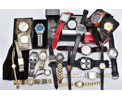 A BOX OF WRISTWATCHES, A STOPWATCH AND A TRAVEL CLOCK, to include a variety of quartz, ladies and gent's wristwatches such as