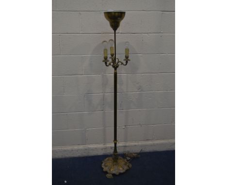 AN EARLY 20TH CENTURY BRASS FOUR BRANCH FLOORSTANDING LIGHT, with foliate decoration, height 170cm