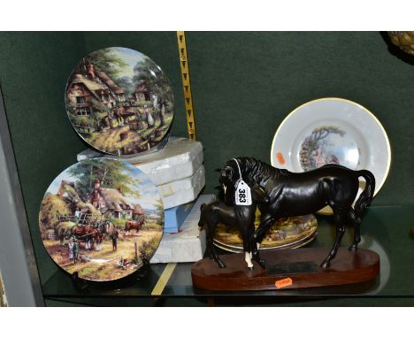 A BESWICK BLACK BEAUTY AND FOAL SCULPTURE, rear leg re-glued, together with three Wedgwood/Brandex 'Country Days' collectors 