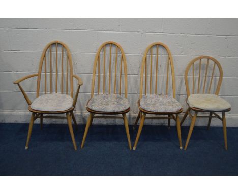 AN ERCOL MODEL 365A BLONDE ELM AND BEECH QUAKER WINDSOR ARMCHAIR, a pair of quaker Windsor chairs (one spindle missing to one