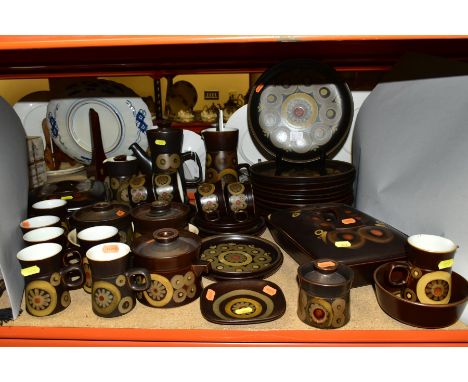 DENBY ARABESQUE PART DINNER SERVICE, comprising eleven 25cm plates, six 17cm plates, four cups and saucers, six 13oz mugs, co
