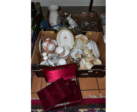 TWO BOXES AND LOOSE CERAMICS, GLASS, ETC, to include R. Delinieres &amp; Co, Limoges teawares for James Muggleton, Birmingham