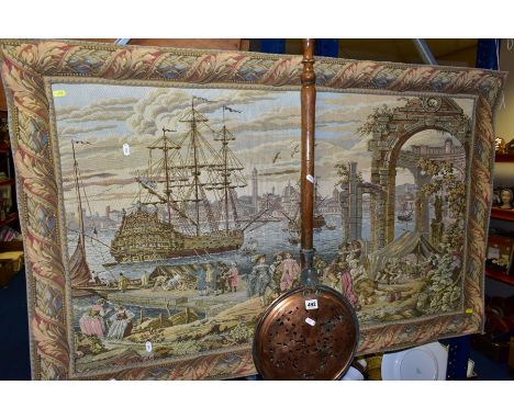 A 20TH CENTURY MACHINE WOVEN TAPESTRY WALL HANGING DEPICTING A VENETIAN HARBOUR VIEW, size approximately 82cm x 130cm, togeth