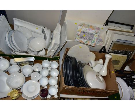 FIVE BOXES AND LOOSE DINNERWARES, PHOTO FRAMES, CUTLERY, etc, to include Maxwell &amp; Williams white basics metrix plates, T