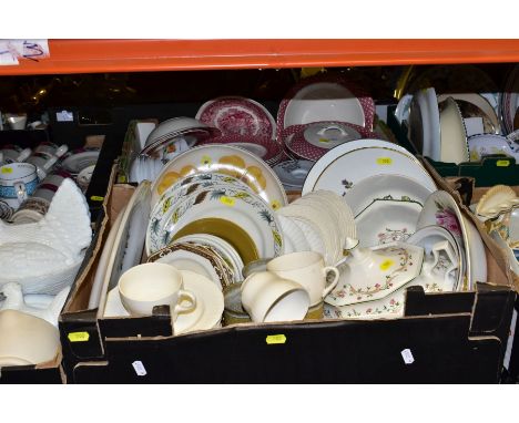 SIX BOXES OF CERAMICS AND GLASSWARE, including three white pressed glass chicken shaped egg baskets and another in mustard gl