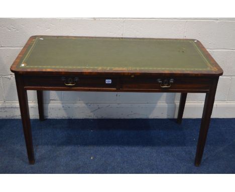 AN EDWARDIAN MAHOGANY WRITING TABLE, with a green leather style top and two frieze drawers, width 122cm x depth 62cm x height