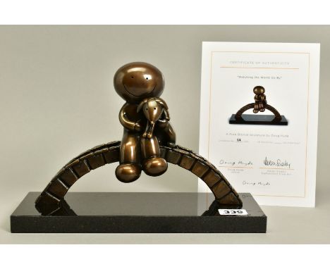 DOUG HYDE (BRITISH 1972) 'WATCHING THE WORLD GO BY' a limited edition bronze sculpture of a boy and dog on a bridge 64/250, i