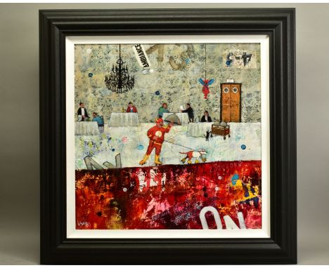 RICHARD BUREL (FRENCH 1974), 'AMBIANCE', spiderman and a superhero with dog, both wearing roller skates inside a restaurant, 