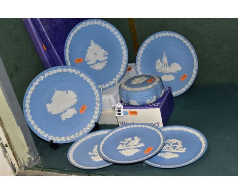 WEDGWOOD BLUE JASPER WARES, comprising Christmas plates 1984-1986, 'Mother' plates 1977, 1983 and 1984, together with a scall