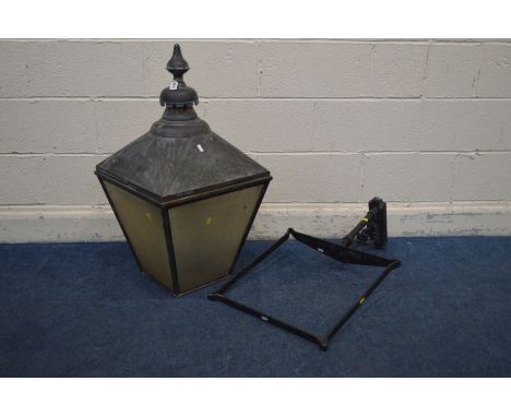A VINTAGE COPPER LANTERN, of a square tapered form, with Perspex panels,  45cm squared x height 84cm along with a later wall 