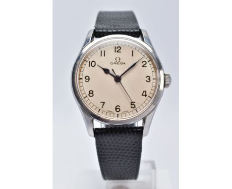 A HAND WOUND OMEGA WRISTWATCH, possibly later cream dial with Arabic numerals, black spade hands with a centre seconds hand, 