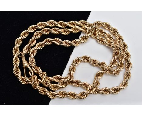 A YELLOW METAL ROPE TWIST CHAIN, fitted with a swivel hook clasp, stamped '9ct', length 680mm, approximate gross weight 63.4 