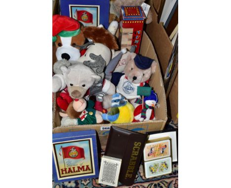 TWO BOXES OF MODERN SOFT TOYS AND BOARD GAMES, including Halma, playing cards, Christmas themed soft toys, St. Giles Hospice 