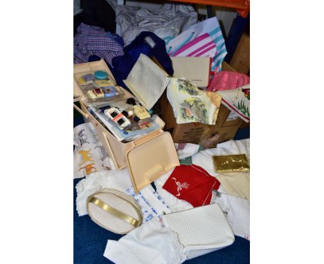 A SEWING BOX AND CONTENTS AND THREE BOXES OF LINEN, SHOES, HAT etc, to include Sylko cottons, needles, ribbons, Speedcut scis