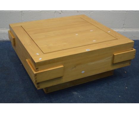 A SQUARE 1970'S BLONDE ELM COFFEE TABLE, each corner with drawers, 94cm squared x height 38cm