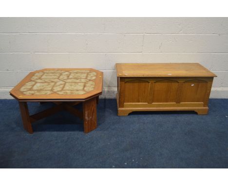 A GOLDEN OAK BLANKET CHEST, width 106cm x depth 47cm x height 49cm (sd to top) along with a G plan teak tile top coffee table