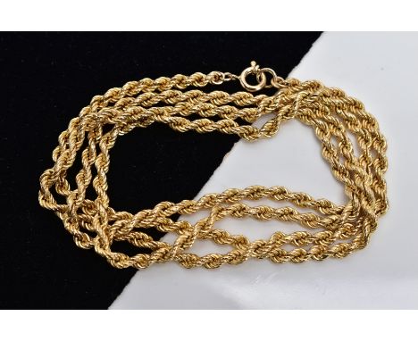 A YELLOW METAL ROPE TWIST CHAIN, fitted with a spring clasp stamped '375', length 700mm, approximate gross weight 23.0 grams,