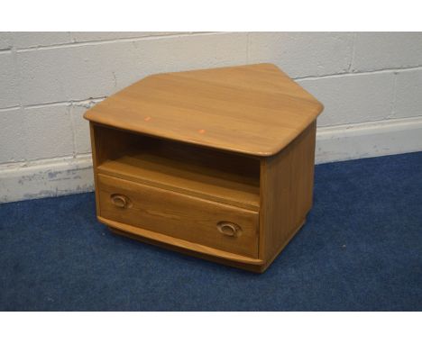 AN ERCOL BLONDE ELM TV STAND, with a triangular drop down back, above a single drawer, width 73cm x depth 52cm x height 49cm 