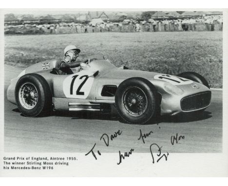 Stirling Moss signed vintage Black and White photo 5.5x4.25 Inch Dedicated. was a British Formula One driver. Good condition 