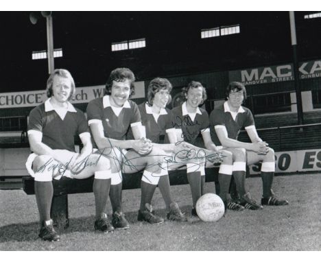 Autographed HEARTS 8 x 6 photo : B/W, depicting a wonderful image showing Heart of Midlothian's KENNY AIRD, GRAHAM SHAW, RALP