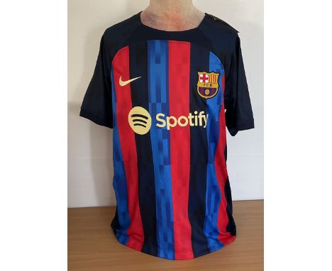 Football Raphinha signed Barcelona home shirt size medium. Good condition Est.