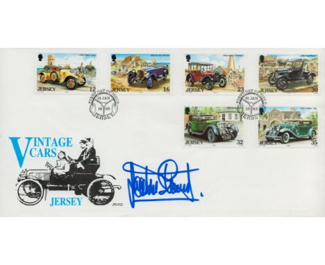 Jackie Stewart signed FDC Vintage Cars, Jersey. Six stamp plus double postmarks 31 Jan 1989. Good condition Est.