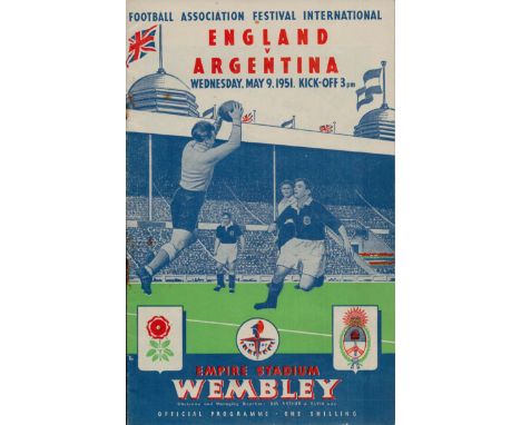 Vintage Football programme England v Argentina Wednesday, May 9, 1951. Empire Stadium Wembley. Good condition Est.