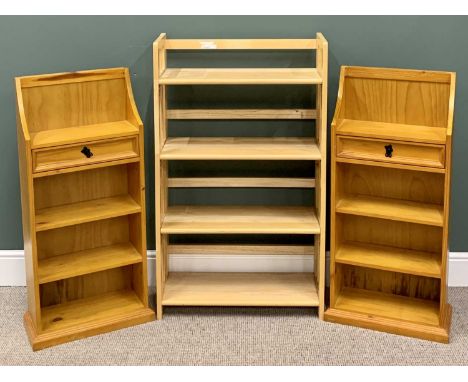 BOOKCASES - a pair of modern pine bookcases with upper drawers, 105cms H, 51cms W, 23cms D and a folding light wood bookcase,