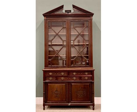 CHIPPENDALE STYLE MAHOGANY BOOKCASE CUPBOARD - elegant example with fretwork pediment, blind fretwork throughout the front, t