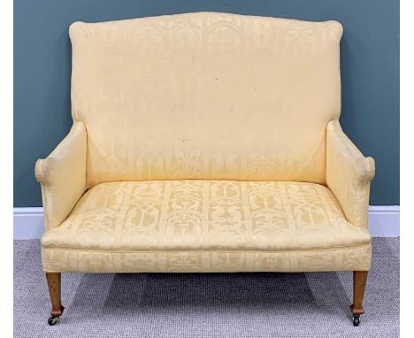 ANTIQUE HIGHBACK SOFA - classically upholstered, on tapered supports, 110cms H, 126cms W, 76cms D