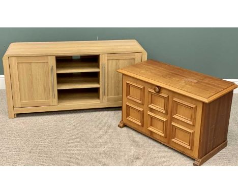 MODERN LIGHT OAK EFFECT SIDEBOARD/ENTERTAINMENT CUPBOARD - 63cms H, 131cms W, 41cms D and a PINE SHOE CUPBOARD - with six pan