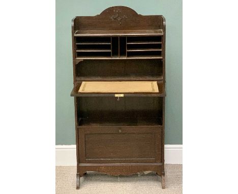 VINTAGE OAK COMPACT BUREAU BOOKCASE - with drop down upper and lower section and central shelves, 123cms H, 61cms W, 46cms D