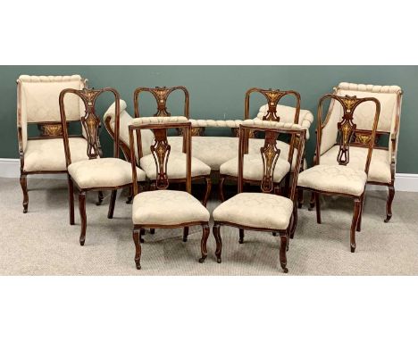 EDWARDIAN MAHOGANY SALON SUITE - nine piece, an elegant example with inlay throughout, to include chaise longue, 75cms H, 164