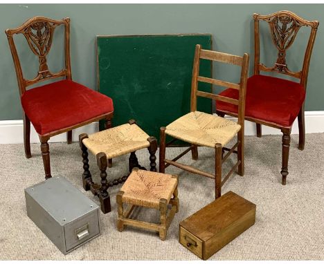 FURNITURE ASSORTMENT (7) - pair of antique dining chairs, string seated chair and stool, two vintage index filing boxes and a