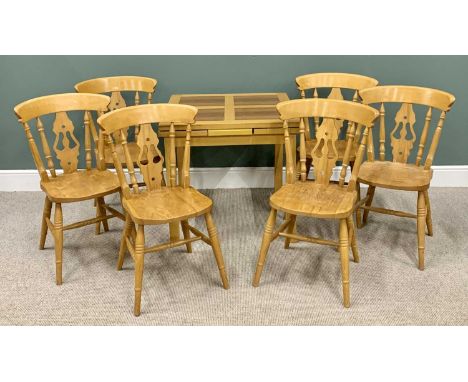 DINING TABLE - modern draw leaf, 76cms H, 135cms (open), 80cms D and a SET OF SIX FARMHOUSE STYLE CHAIRS - light wood, 90cms 