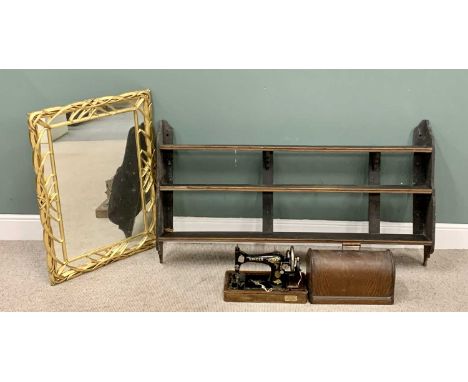 FURNITURE ASSORTMENT - vintage three shelf wall rack, 84cms H, 15cms W, 19cms D, an ornate gilt framed mirror, 72 x 100cms an