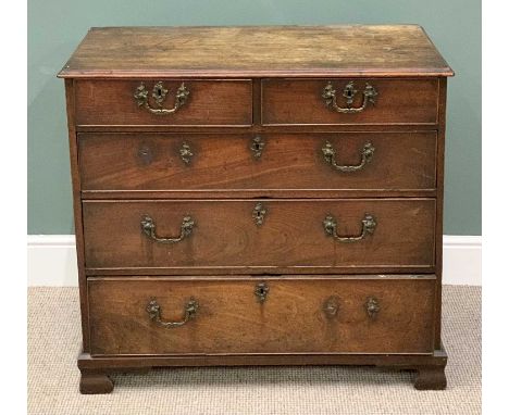 GEORGIAN MAHOGANY CHEST OF DRAWERS - pine carcass, having two short over three long drawers with brass swing handles, on brac