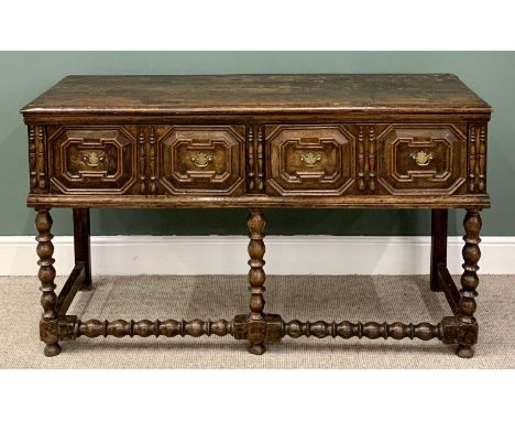  JACOBEAN STYLE OAK DRESSER BASE - having twin panelled drawers, on bobbin supports and stretcher, 90cms H, 154cms W, 52cms D