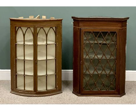 ANTIQUE CORNER CUPBOARDS (2) - wall hanging, the first with lattice effect single glazed door, 107cms H, 76cms W, 42cms D, th