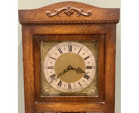 VINTAGE OAK LONGCASE CLOCK - triple weight, brass and silvered dial with Roman numerals before a chime strike pendulum driven