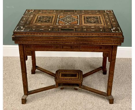 PARQUETRY &amp; MOTHER OF PEARL INLAID GAMES TABLE- probably Syria early 19th Century having a fold-out top with chess, backg