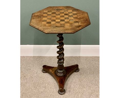 VINTAGE WALNUT OCTAGONAL CHEQUERED TOP GAMES TABLE - on twist column and with tri-form base, 72cms H, 51cms W, 51cms D