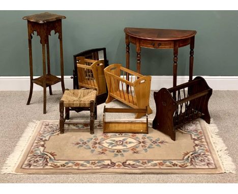 FURNITURE ASSORTMENT (7) - to include two magazine racks, planter stand, half moon table, string topped stool, rug and a book