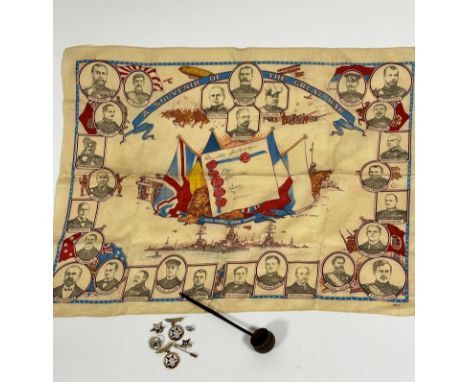 A group of Masonic style jewels and cap badges, a treen toddy ladle, bowl a/f, and a souvenir of The Great War, printed handk