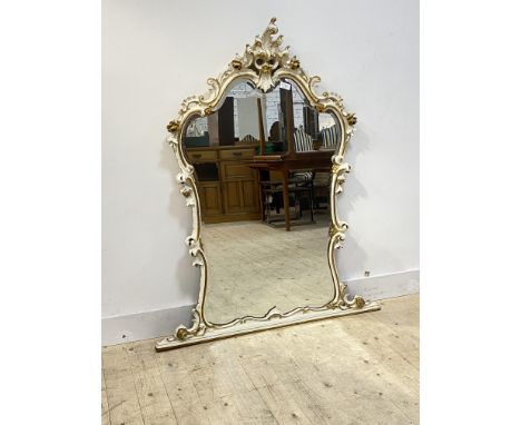 A parcel gilt composition framed Rococo style over mantel mirror, the frame of 'C' scrolled acanthus form, 146cm x 119cm