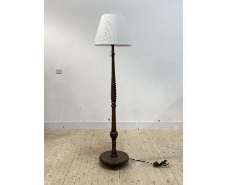 A spiral turned oak lamp standard, early 20th century, with shade H167cm