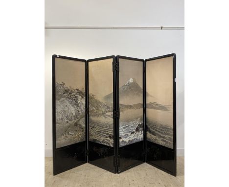 A Japanese lacquered three fold room screen, first half of the 20th century, with embroidered silk panels worked in a traditi